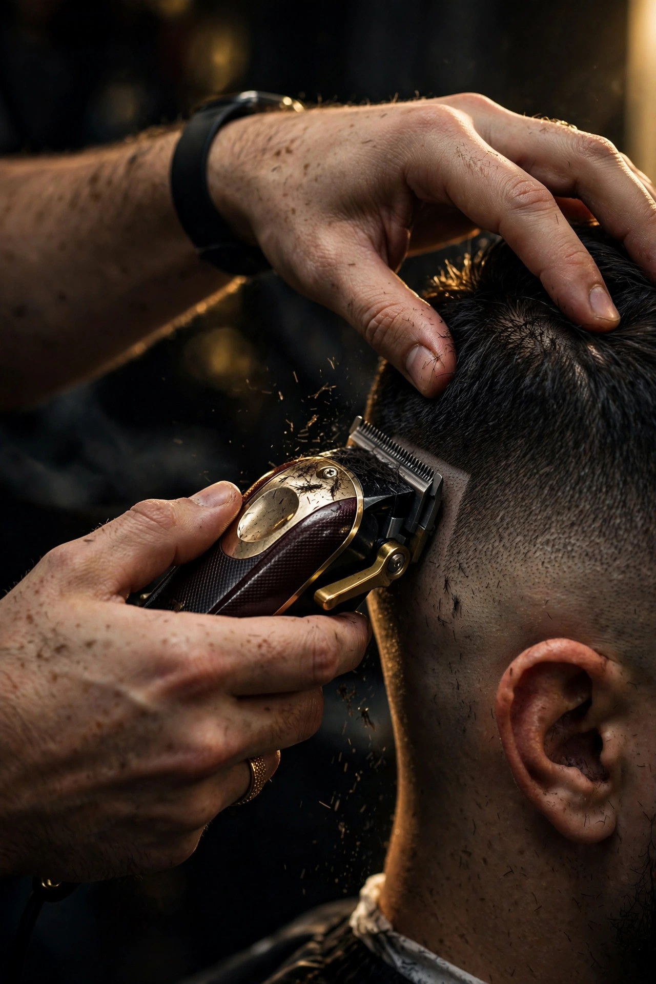 Barber cutting a precise skin fade with clippers
