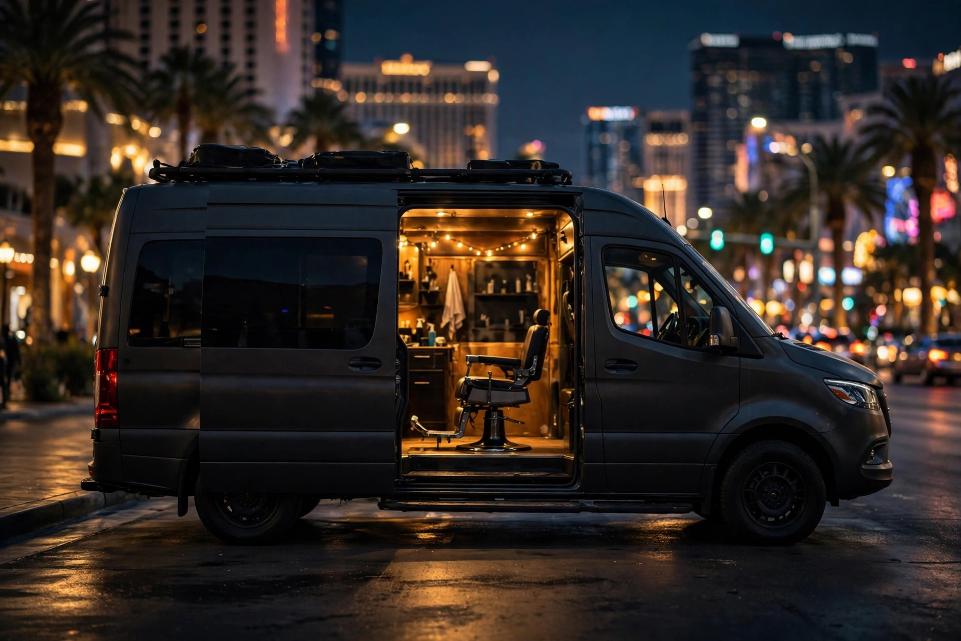 The Fade LV mobile barbershop van on the Las Vegas Strip at night
