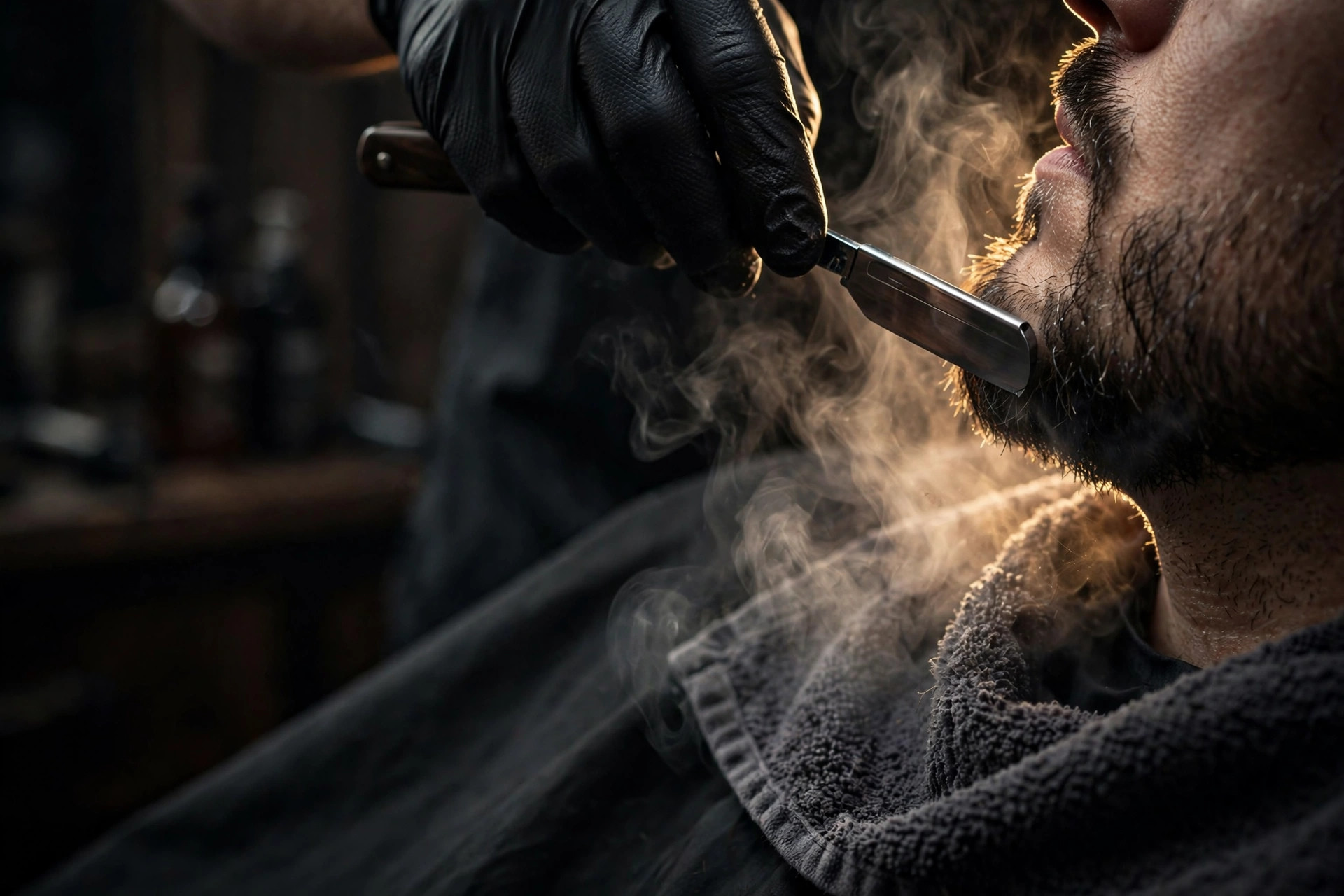 Straight-razor shave and beard lineup with hot towel steam