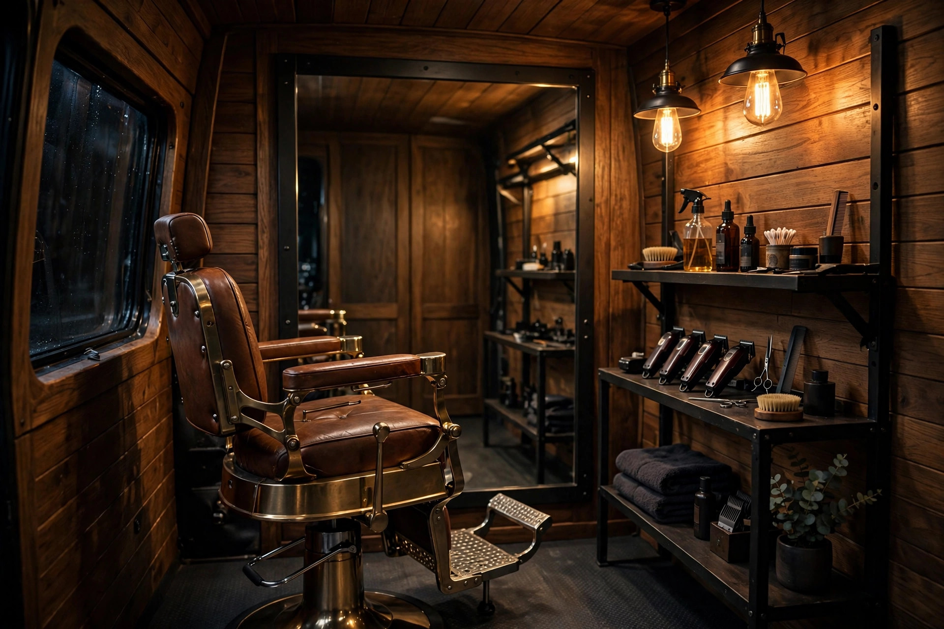 Inside the Fade LV mobile barbershop van — professional barber chair, mirrors, and tools